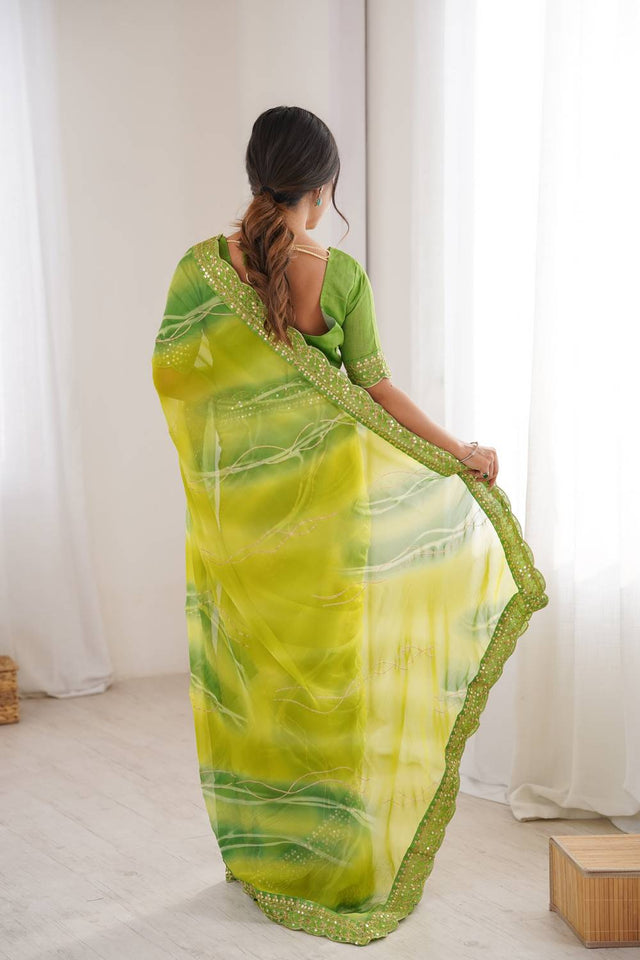 Mehendi Sequin with Embroidered Chiffon Saree