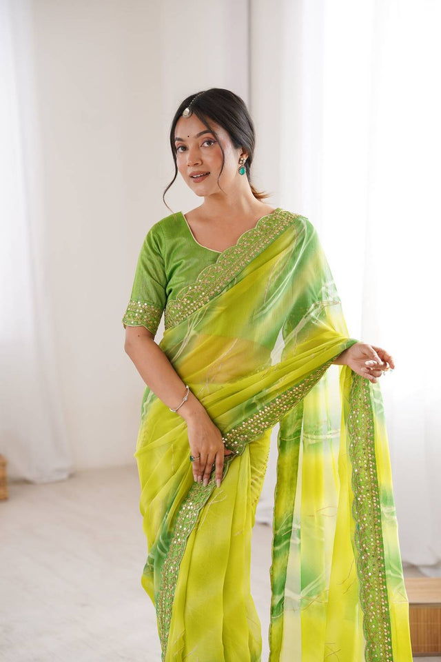 Mehendi Sequin with Embroidered Chiffon Saree