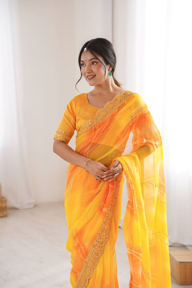 Yellow Sequin with Embroidered Chiffon Saree