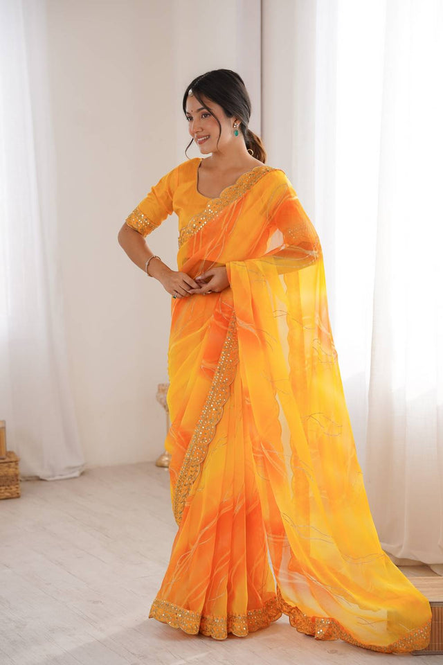 Yellow Sequin with Embroidered Chiffon Saree