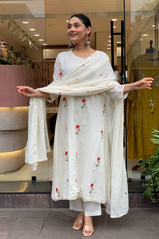 Off White Floral Embroidered Silk Anarkali Suits