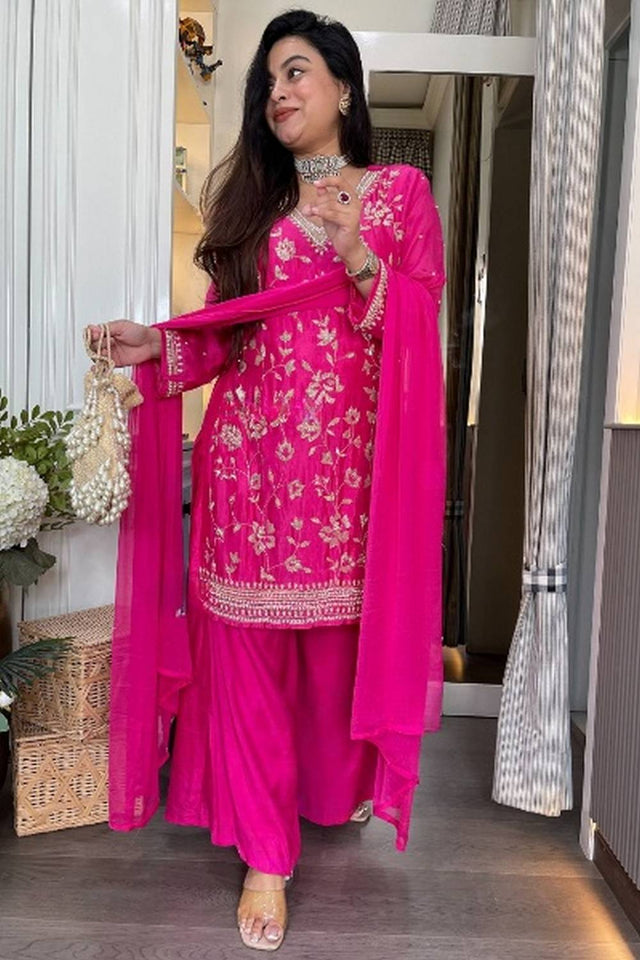 Pink Floral Embroidered Chinon Anarkali Suits