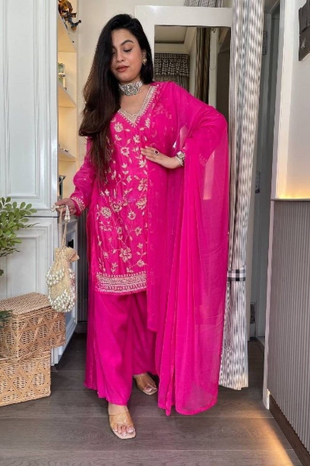 Pink Floral Embroidered Chinon Anarkali Suits