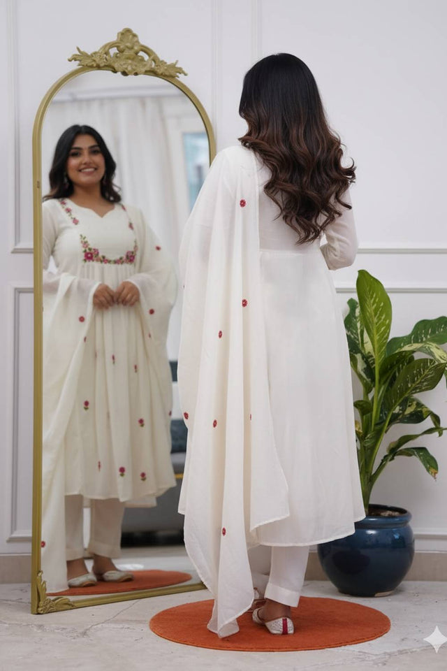 Off White Floral Embroidered Chanderi Anarkali Suits