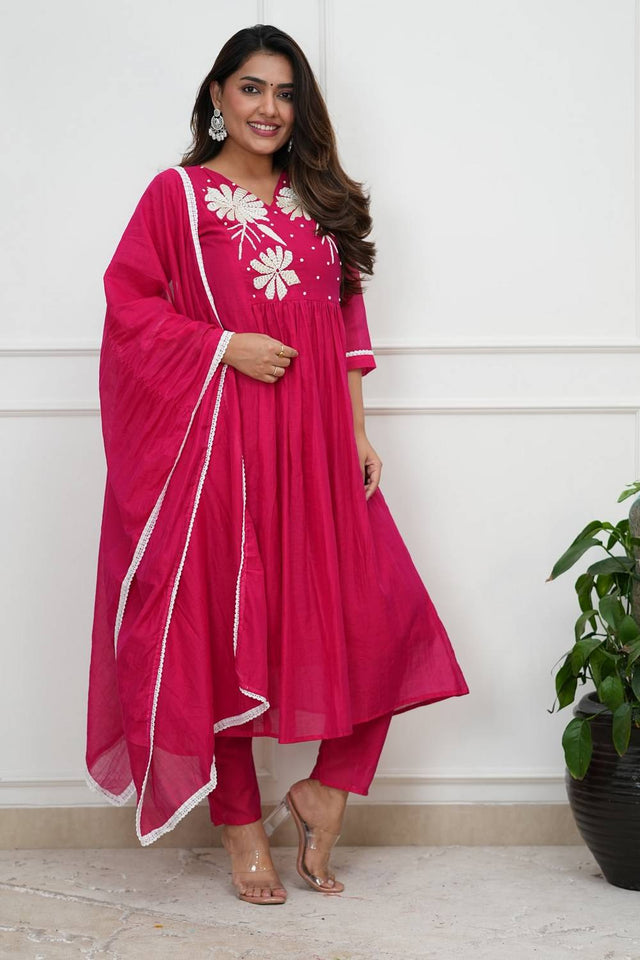 Pink Floral Embroidered Silk Anarkali Suits