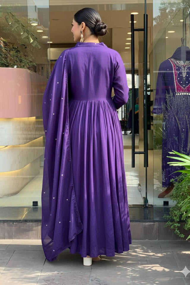 Lavender Floral Embroidered Silk Anarkali Suits