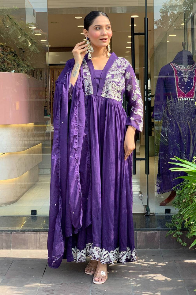 Lavender Floral Embroidered Silk Anarkali Suits