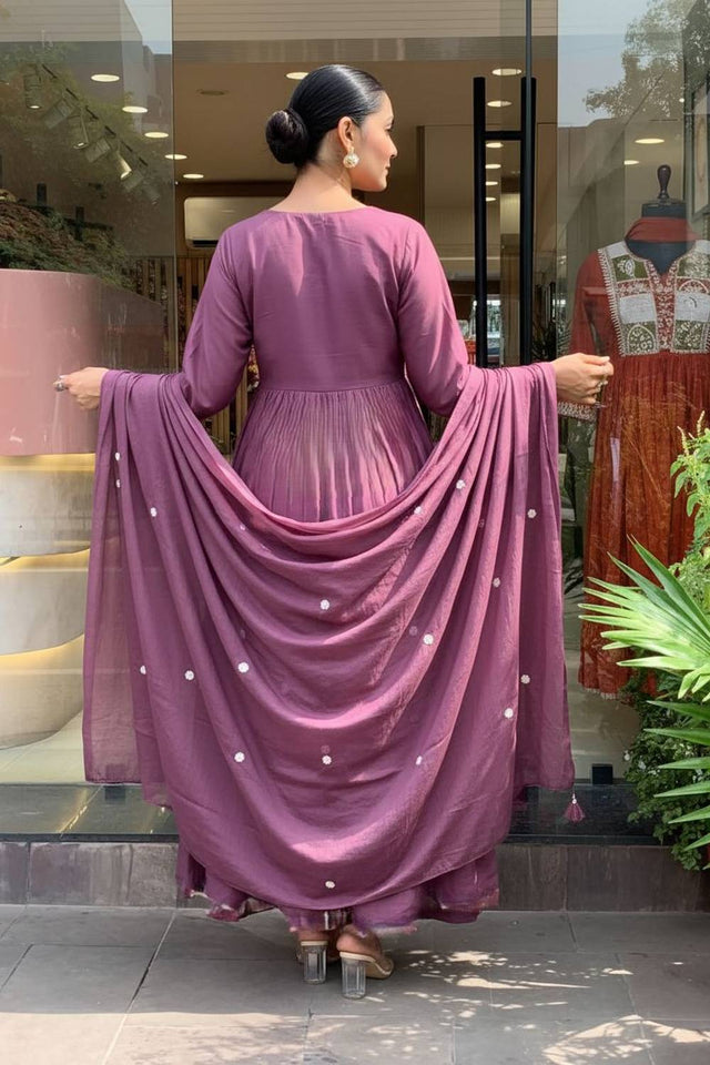 Violet Floral Embroidered Chanderi Anarkali Suits