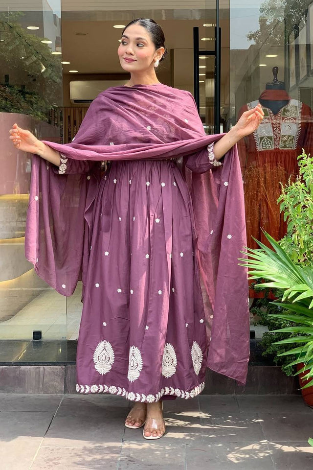 Violet Floral Embroidered Chanderi Anarkali Suits