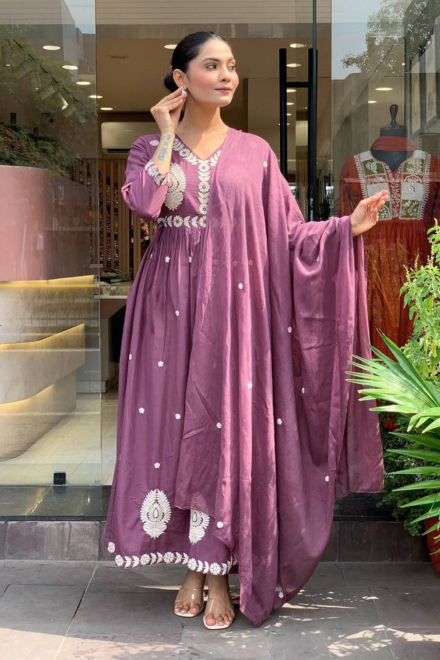 Violet Floral Embroidered Chanderi Anarkali Suits