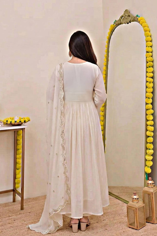 Cream Floral Embroidered Chanderi Anarkali Suits