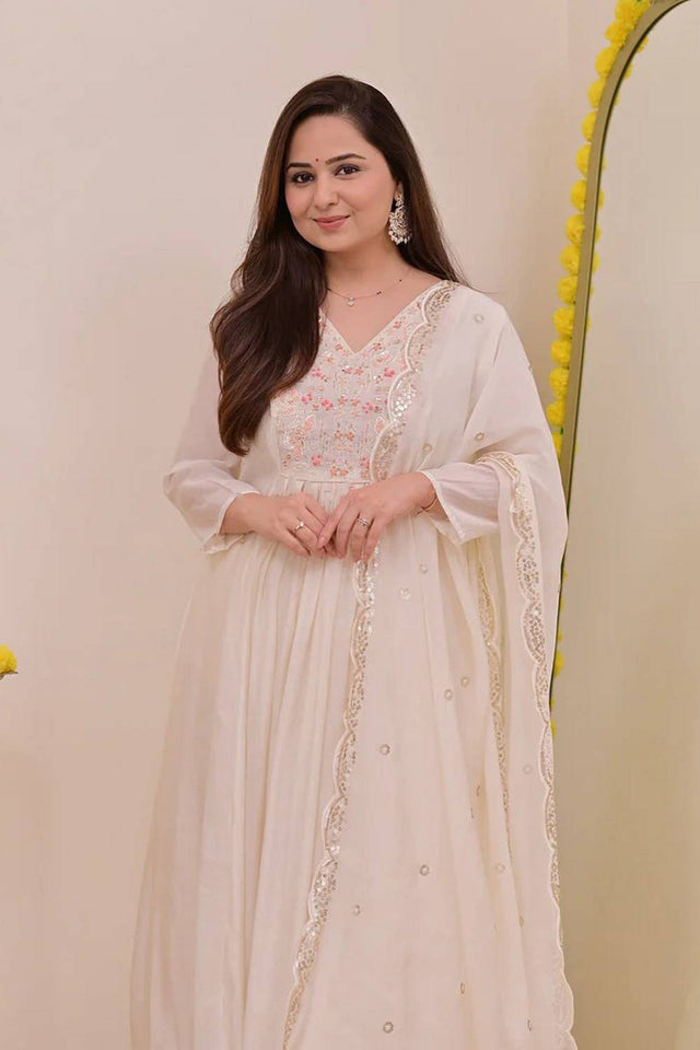 Cream Floral Embroidered Chanderi Anarkali Suits