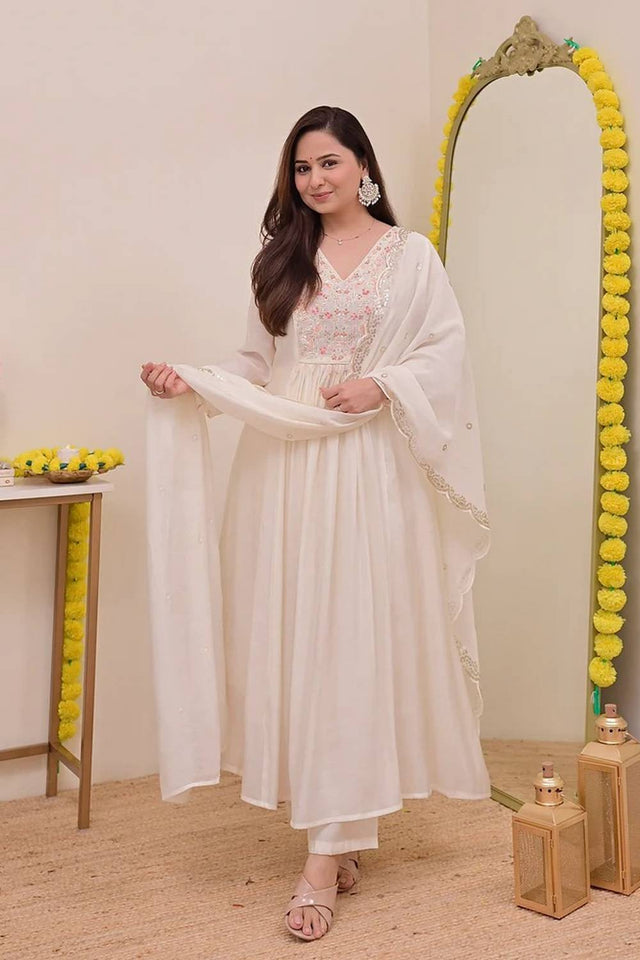 Cream Floral Embroidered Chanderi Anarkali Suits