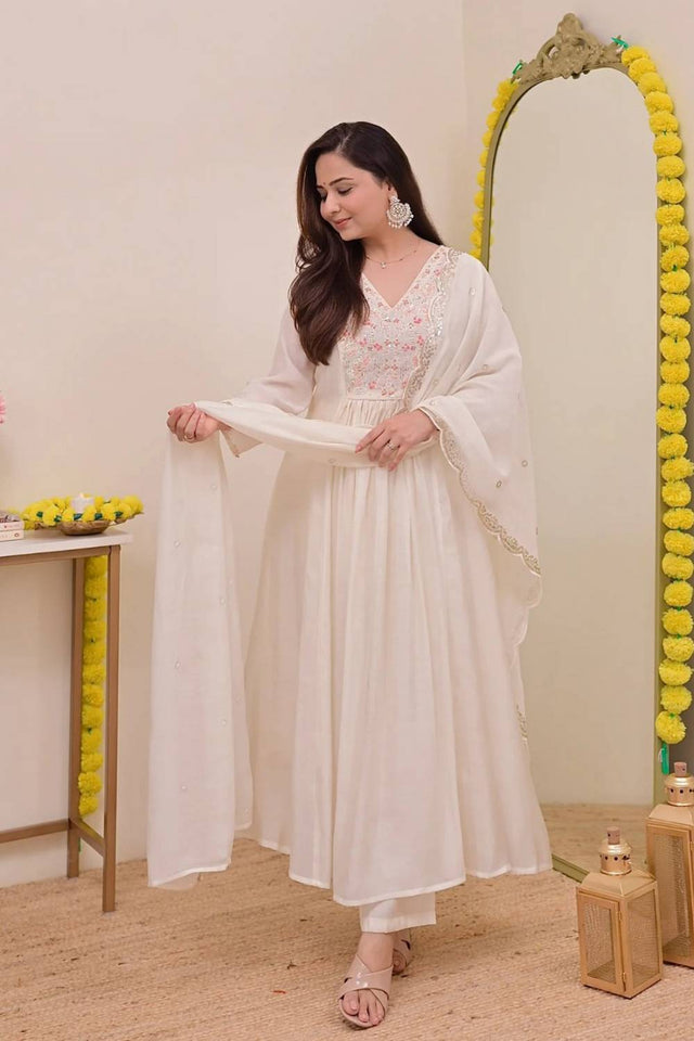 Cream Floral Embroidered Chanderi Anarkali Suits