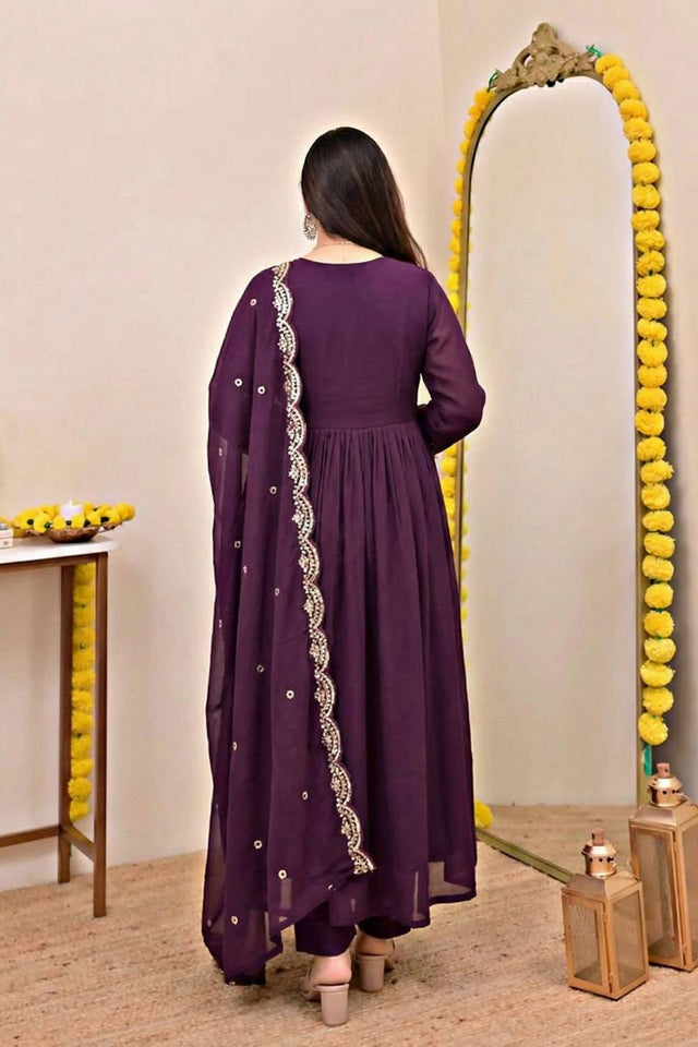 Wine Sequin with Embroidered Chanderi Straight Cut Suits