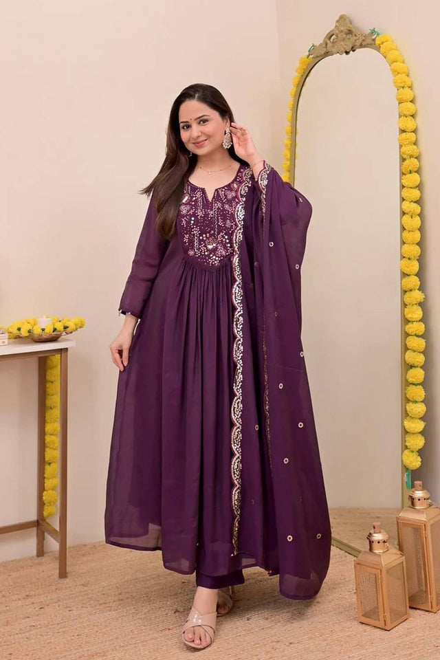 Wine Sequin with Embroidered Chanderi Straight Cut Suits