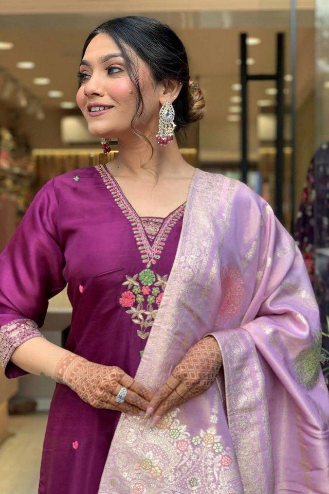 Violet Floral Printed Chanderi Straight Cut Suits