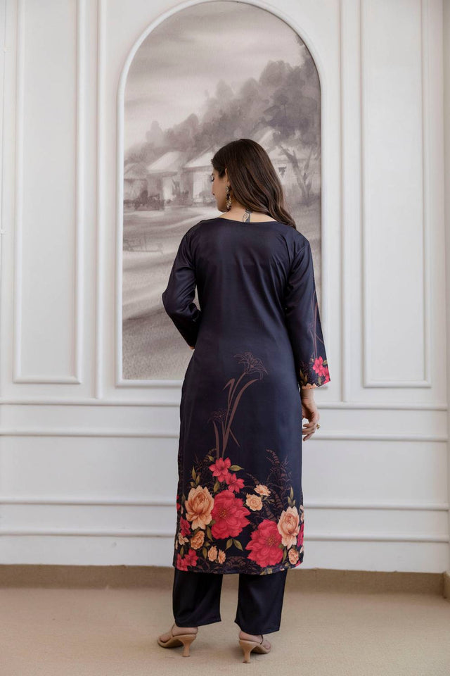 Black Floral Printed Silk Straight Cut Suits