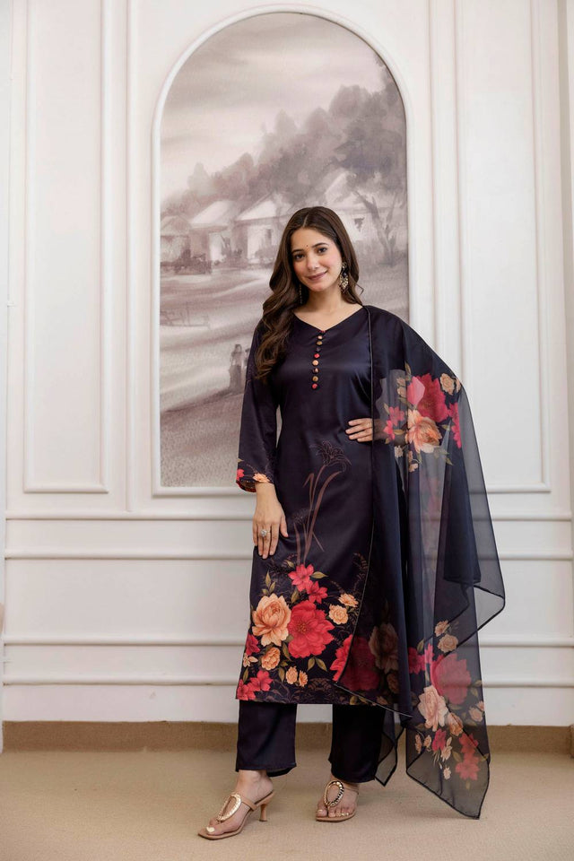 Black Floral Printed Silk Straight Cut Suits