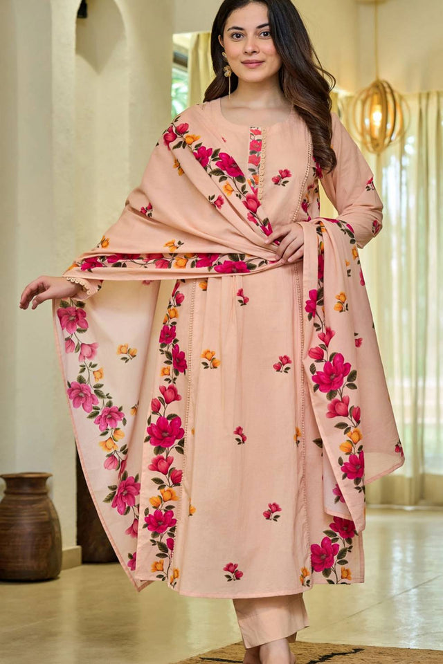 Peach Floral Printed Cotton Straight Cut Suits