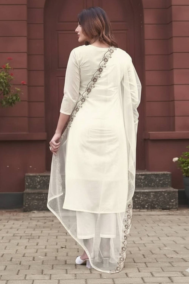 Off White Floral Embroidered Rayon Straight Cut Suits