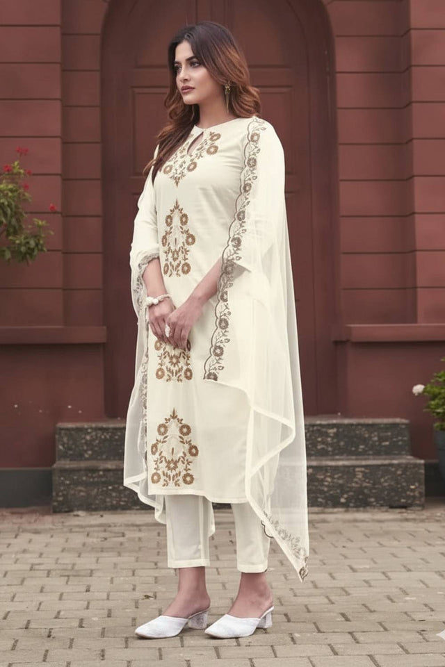 Off White Floral Embroidered Rayon Straight Cut Suits