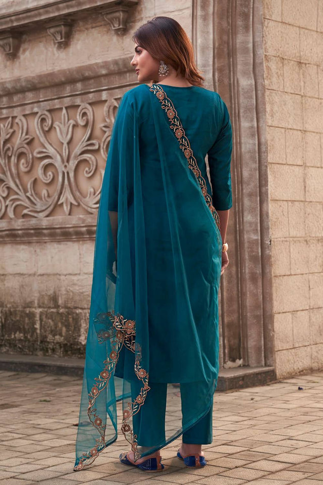 Turquoise Floral Embroidered Rayon Straight Cut Suits