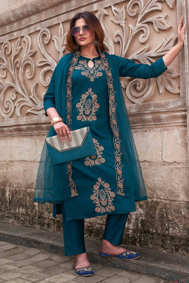 Turquoise Floral Embroidered Rayon Straight Cut Suits