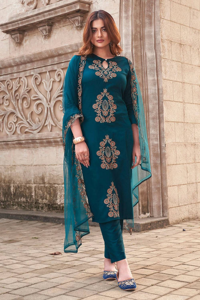 Turquoise Floral Embroidered Rayon Straight Cut Suits