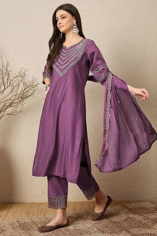 Violet Embroidered Silk Straight Cut Suits