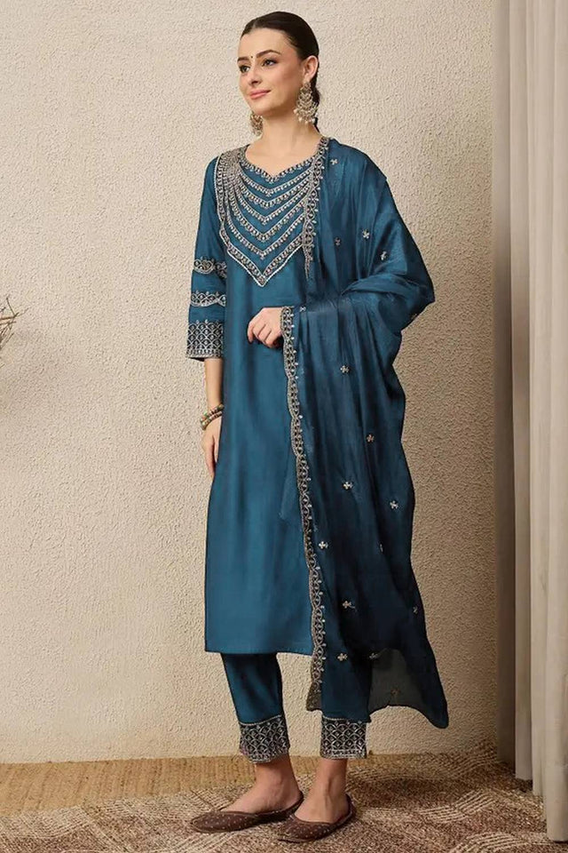 Turquoise Embroidered Silk Straight Cut Suits