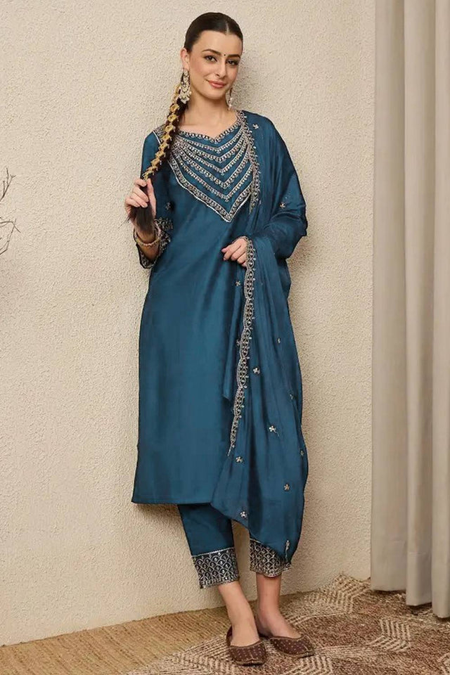 Turquoise Embroidered Silk Straight Cut Suits