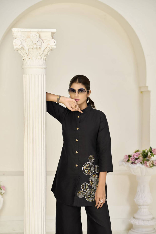 Black Floral Embroidered Rayon Co-Ord Set