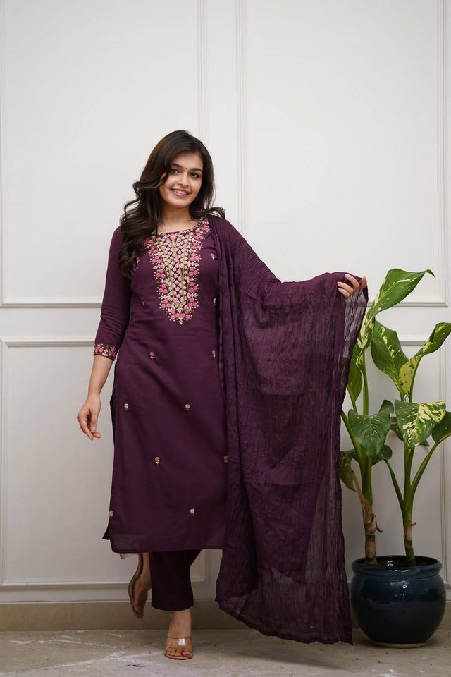 Wine Floral Embroidered Rayon Co-Ord Set