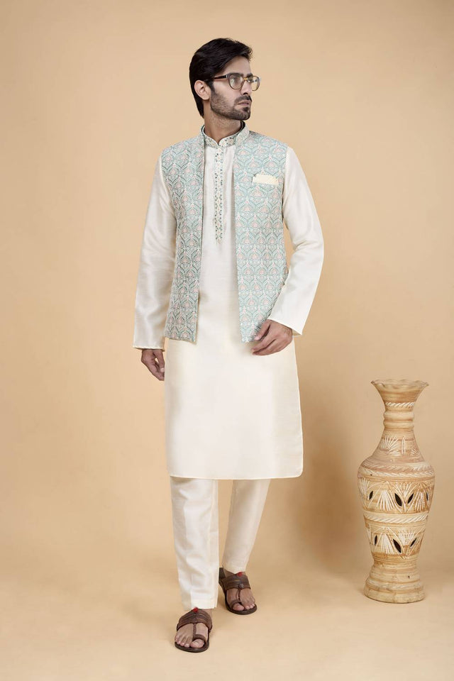 Men's Cream Embroidered Silk Kurta Set with Jacket