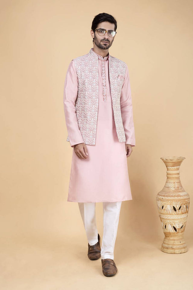 Men's Pink Embroidered Silk Kurta Set with Jacket