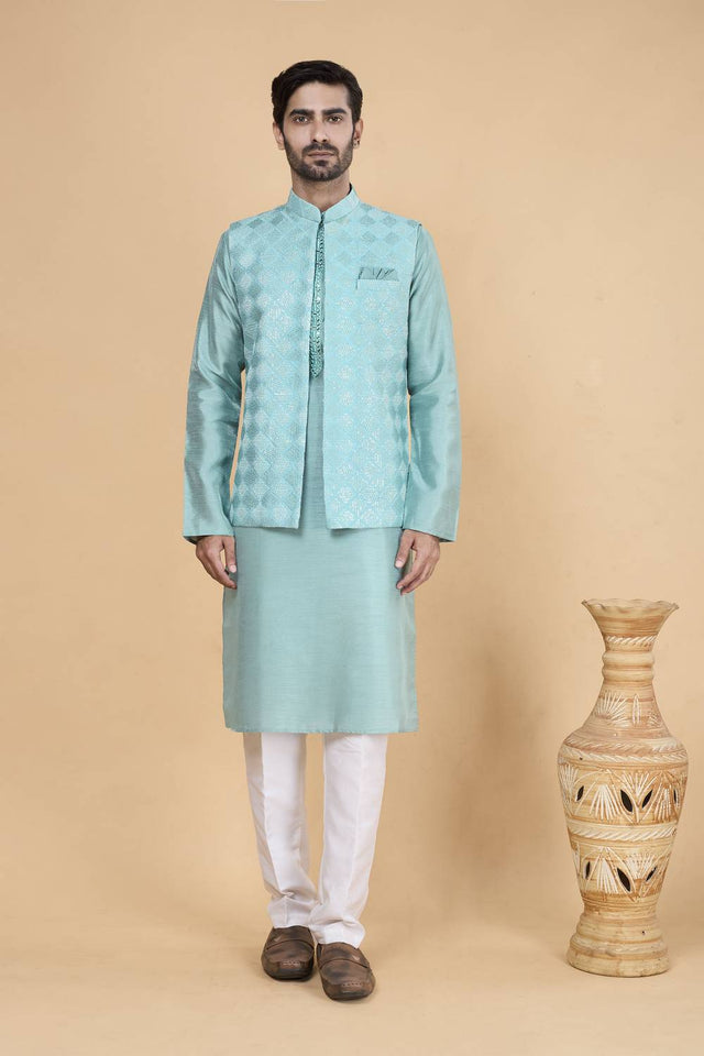 Men's Sea Green Embroidered Silk Kurta Set with Jacket