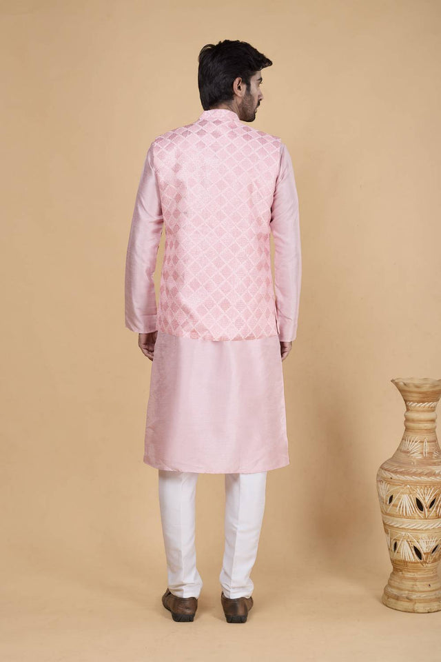 Men's Pink Embroidered Silk Kurta Set with Jacket