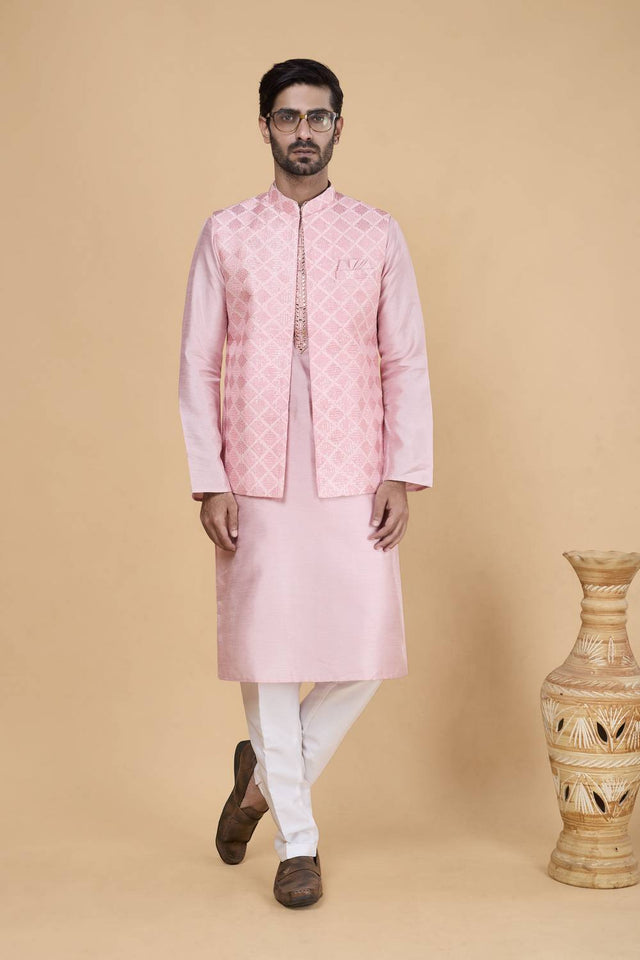 Men's Pink Embroidered Silk Kurta Set with Jacket