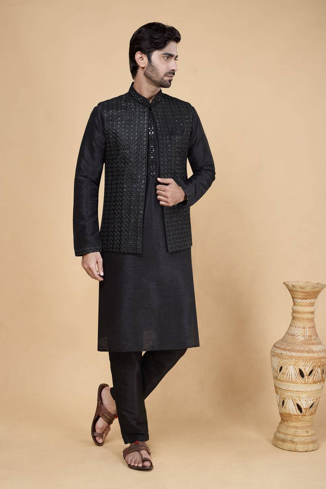 Men's Black Embroidered Silk Kurta Set with Jacket