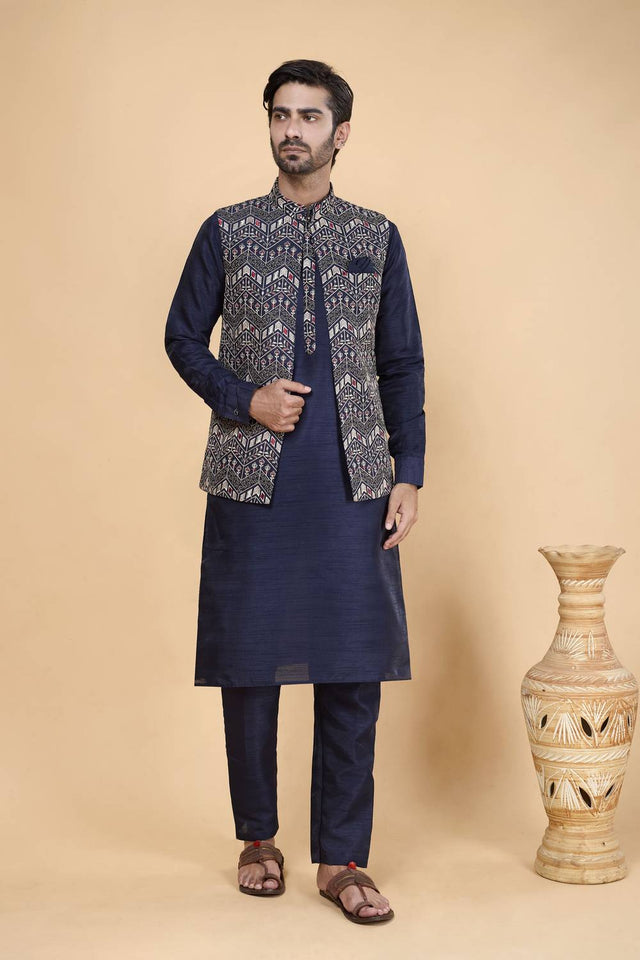 Men's Blue Embroidered Silk Kurta Set with Jacket