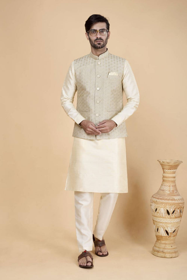 Men's Cream Embroidered Silk Kurta Set with Jacket
