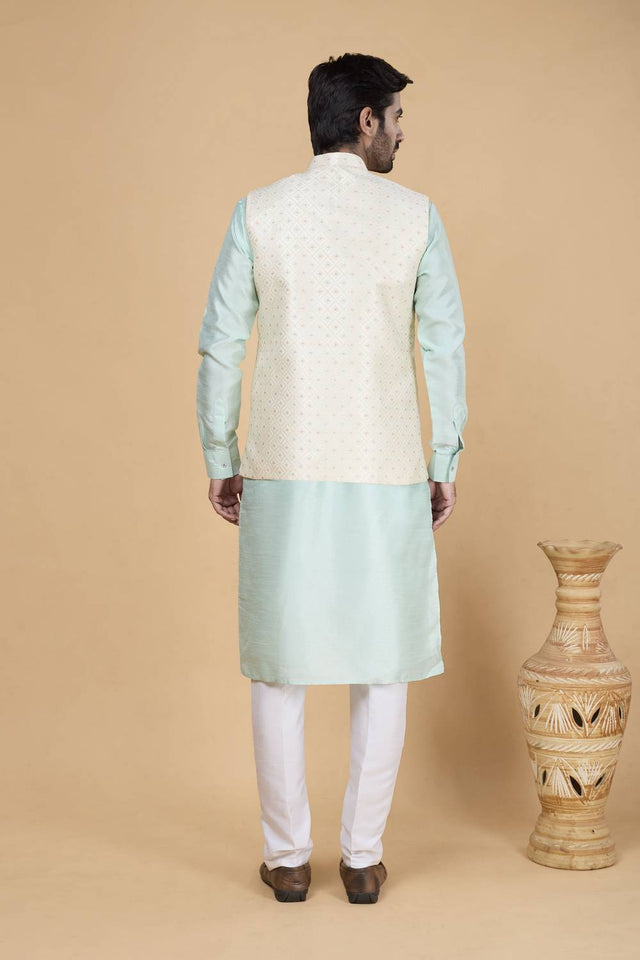 Men's Sea Green Embroidered Silk Kurta Set with Jacket