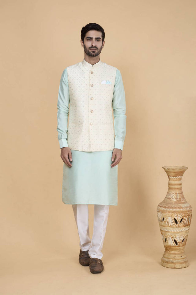 Men's Sea Green Embroidered Silk Kurta Set with Jacket