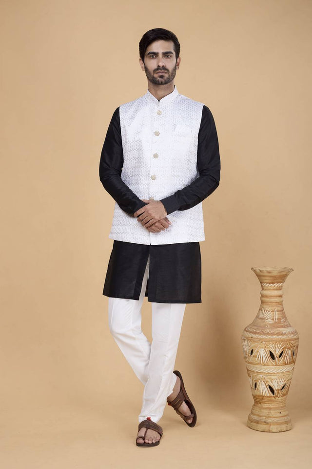 Men's Black Embroidered Silk Kurta Set with Jacket