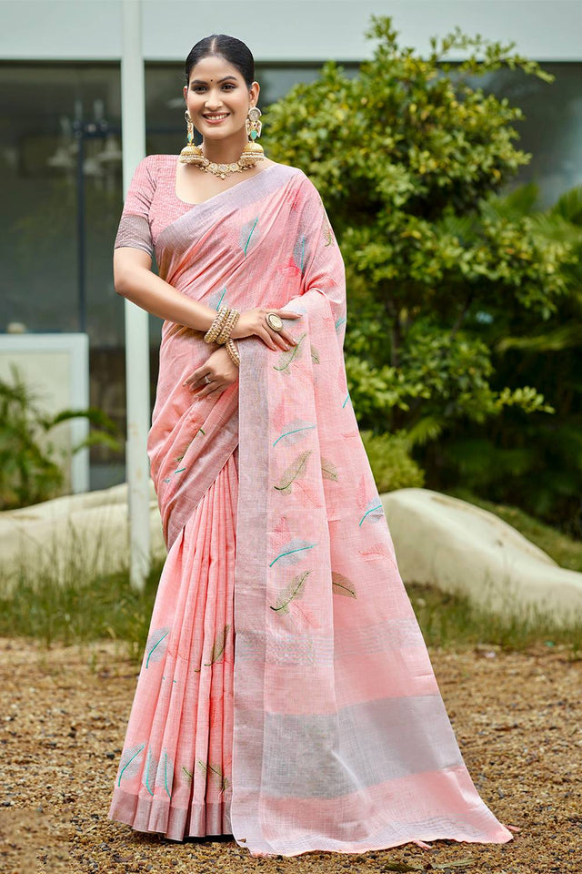 Peach Woven Linen Saree