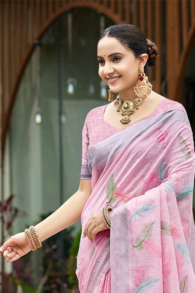 Pink Woven Linen Saree