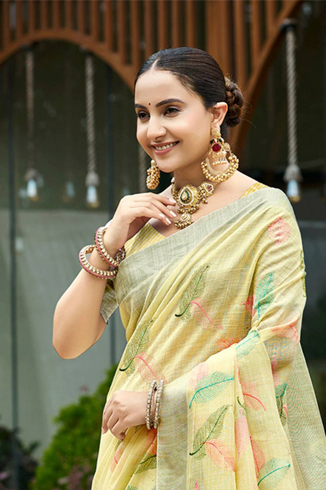Yellow Woven Linen Saree (ACA4107)