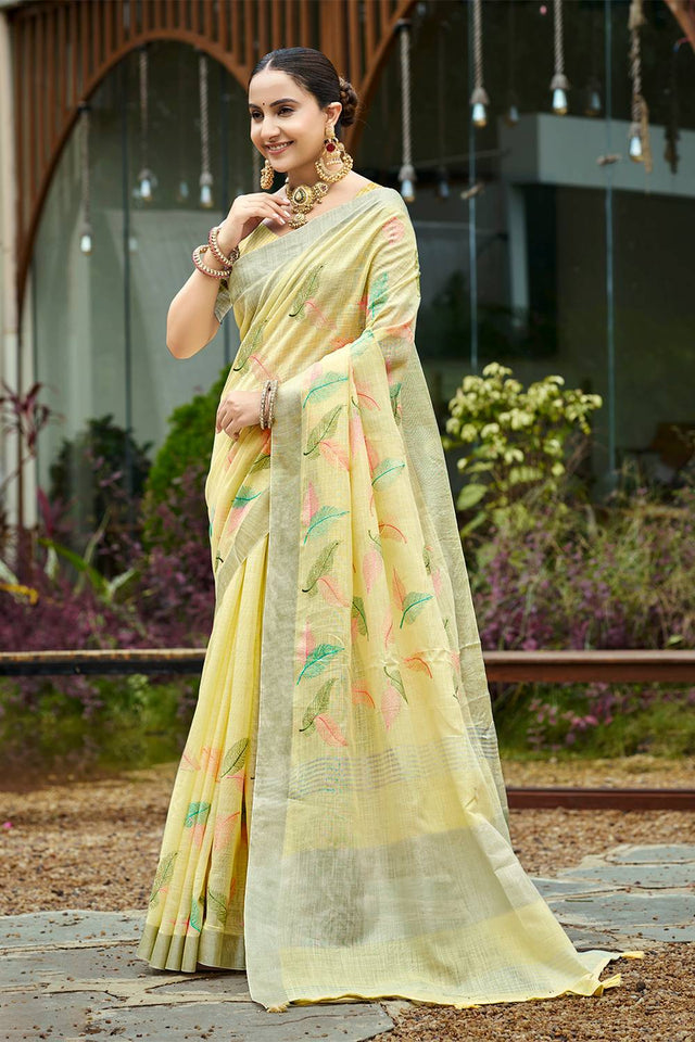 Yellow Woven Linen Saree (ACA4107)