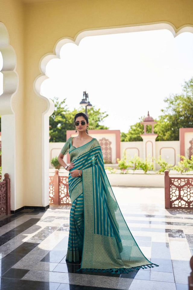 Turquoise Woven Georgette Saree